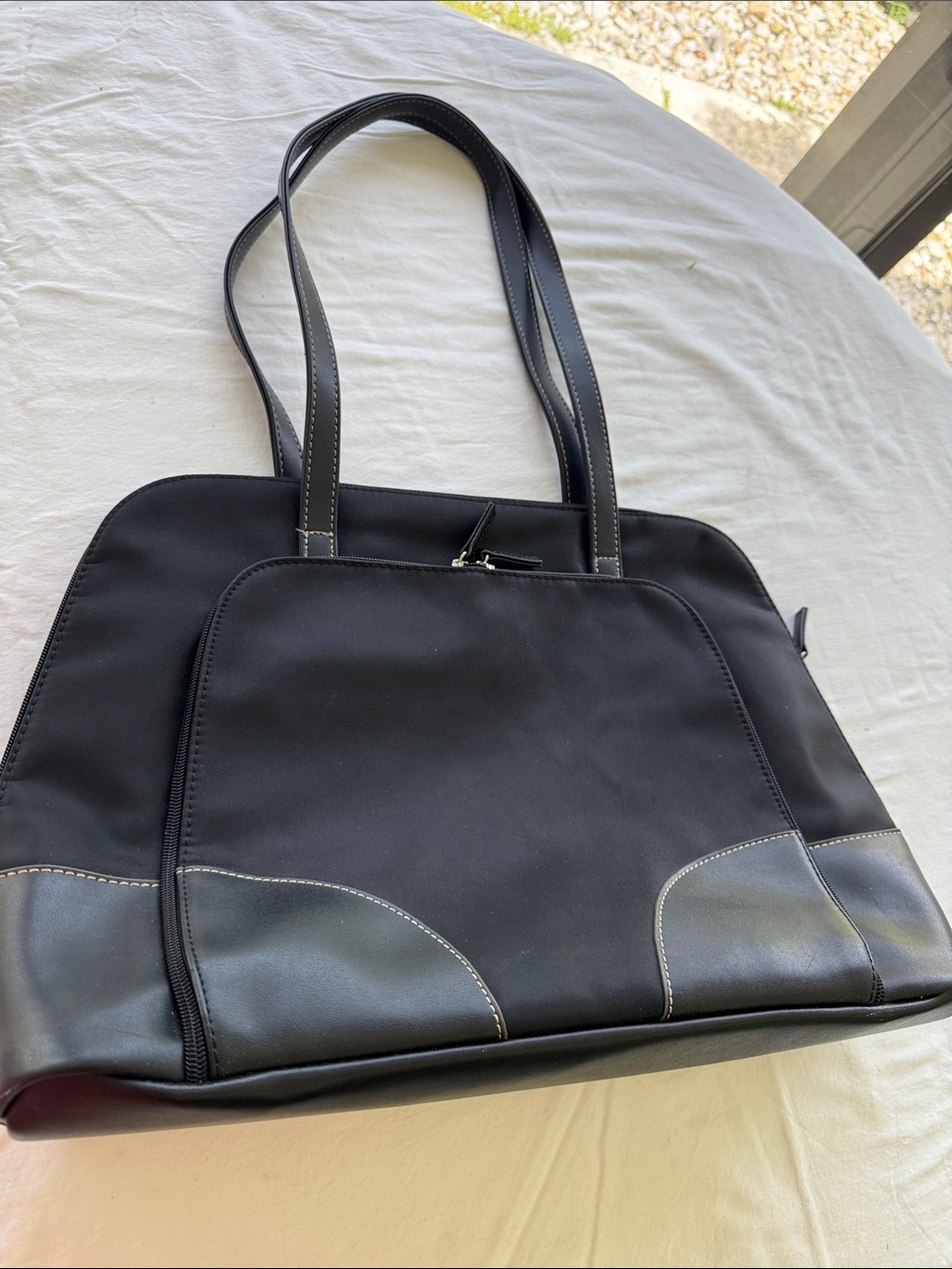 Black  Laptop Tote Bag with Contrast Stitching. 17”x12”x5”.